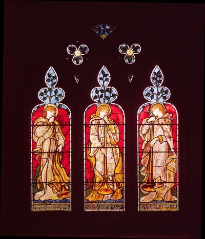 Three Trumpeting Angels, south aisle window, made by Morris, Marshall, Faulkner and Co. by Edward Burne Jones
